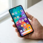 A close-up, photorealistic shot of a person's hand holding a sleek modern Android smartphone