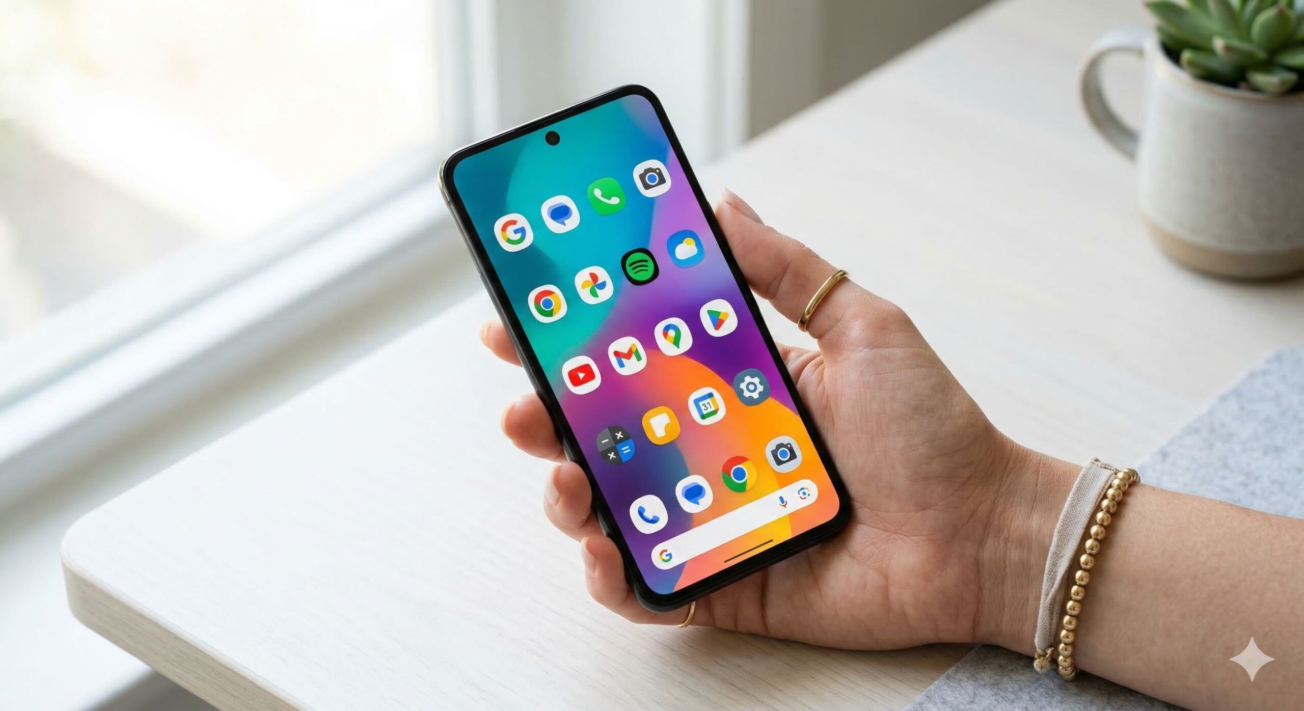 A close-up, photorealistic shot of a person's hand holding a sleek modern Android smartphone