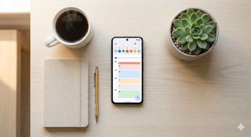 A top-down flat lay photograph of a modern Android phone placed on a minimal light-wood desk
