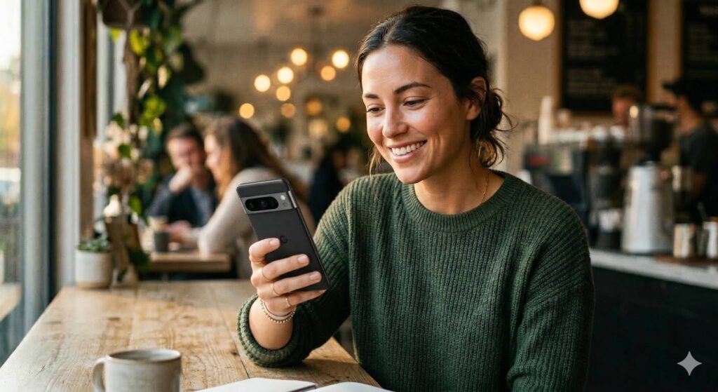 young professional sitting at a modern café table